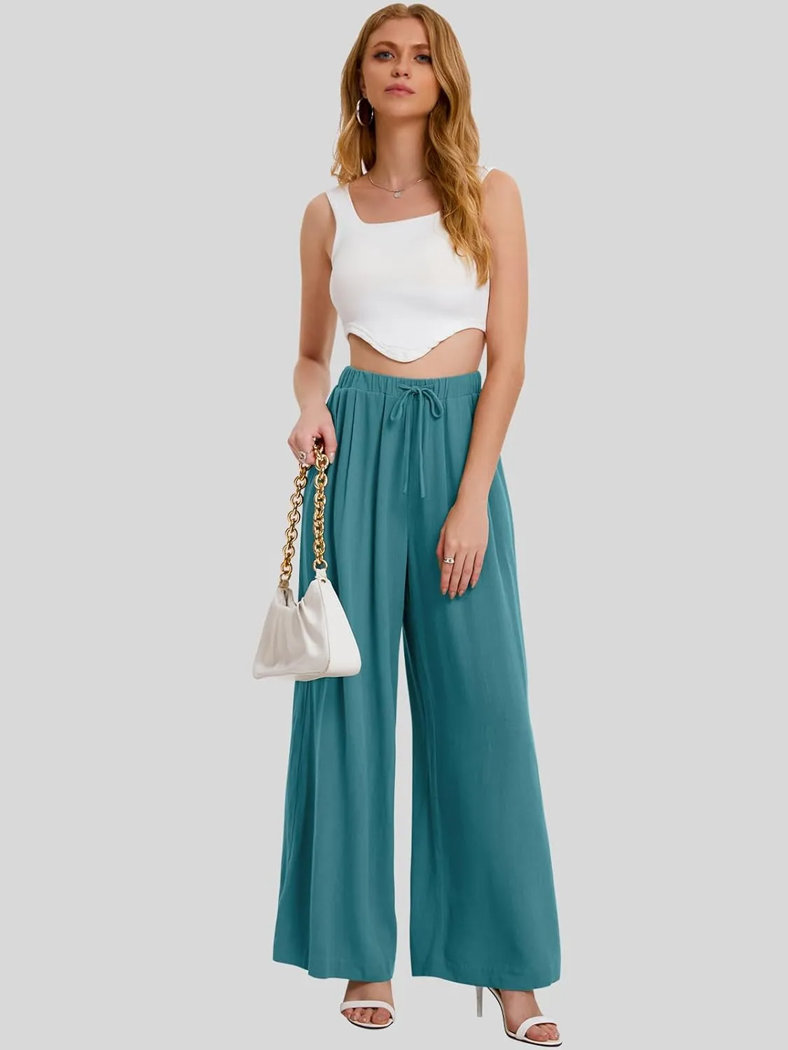 Bloggerlove Linen Palazzo Pants for Women Dressy Summer Wide Leg Flowy Pants Boho Linen Beach Trousers with Pockets