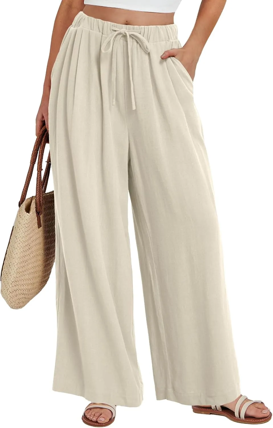Bloggerlove Linen Palazzo Pants for Women Dressy Summer Wide Leg Flowy Pants Boho Linen Beach Trousers with Pockets