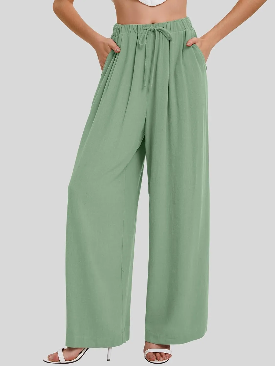 Bloggerlove Linen Palazzo Pants for Women Dressy Summer Wide Leg Flowy Pants Boho Linen Beach Trousers with Pockets