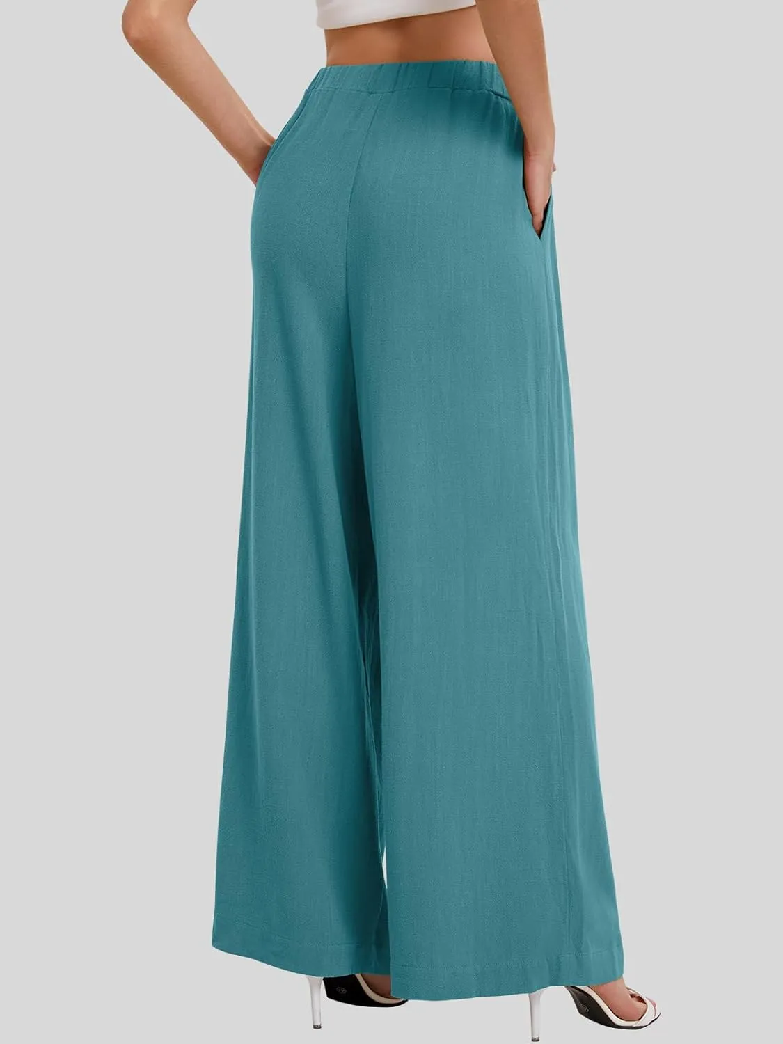 Bloggerlove Linen Palazzo Pants for Women Dressy Summer Wide Leg Flowy Pants Boho Linen Beach Trousers with Pockets