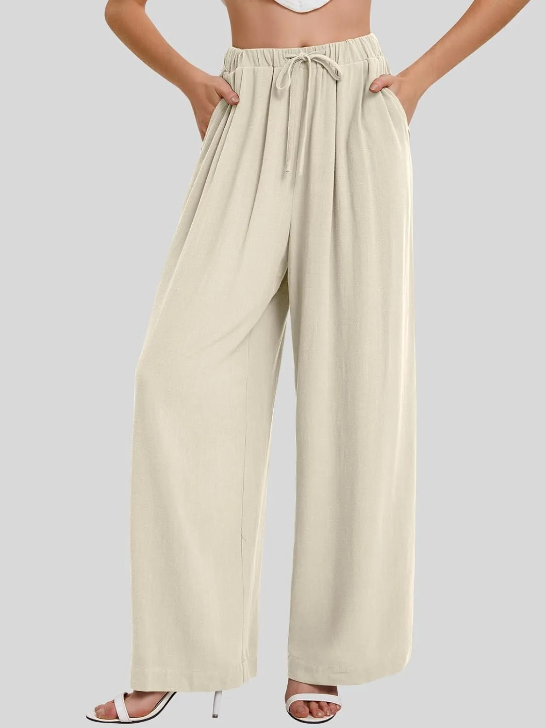 Bloggerlove Linen Palazzo Pants for Women Dressy Summer Wide Leg Flowy Pants Boho Linen Beach Trousers with Pockets