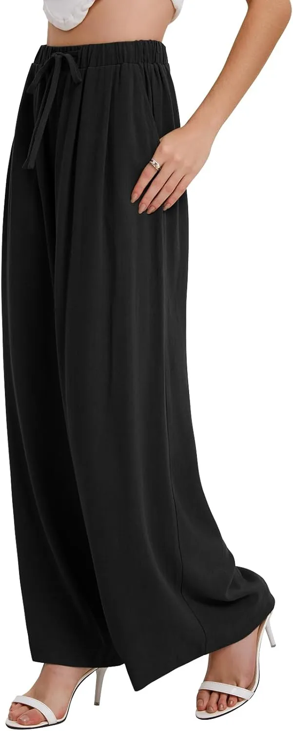 Bloggerlove Linen Palazzo Pants for Women Dressy Summer Wide Leg Flowy Pants Boho Linen Beach Trousers with Pockets