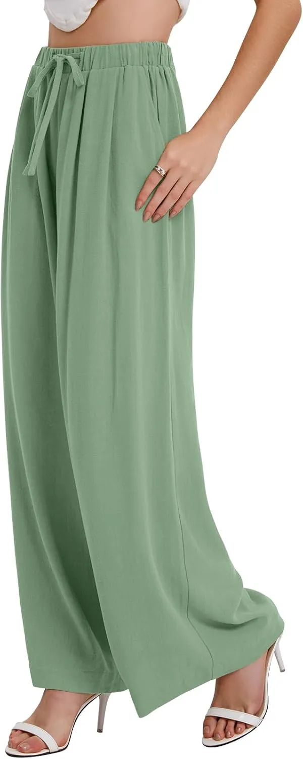 Bloggerlove Linen Palazzo Pants for Women Dressy Summer Wide Leg Flowy Pants Boho Linen Beach Trousers with Pockets