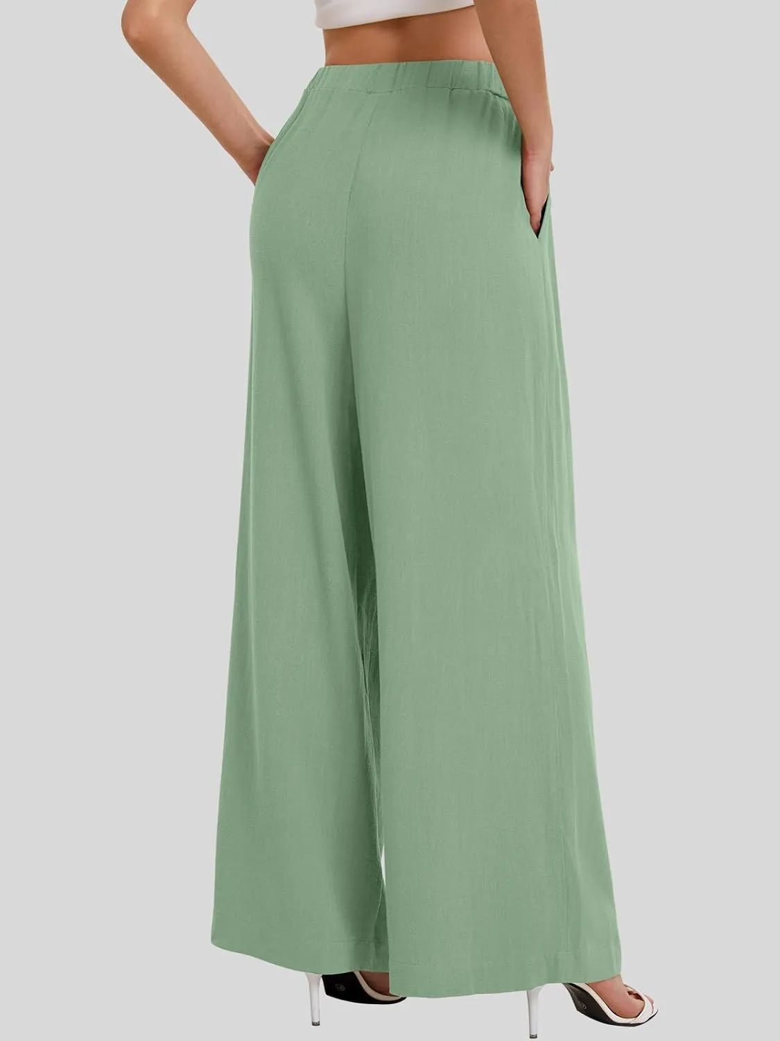 Bloggerlove Linen Palazzo Pants for Women Dressy Summer Wide Leg Flowy Pants Boho Linen Beach Trousers with Pockets