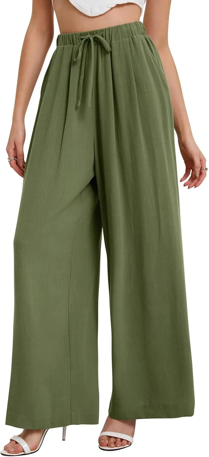 Bloggerlove Linen Palazzo Pants for Women Dressy Summer Wide Leg Flowy Pants Boho Linen Beach Trousers with Pockets
