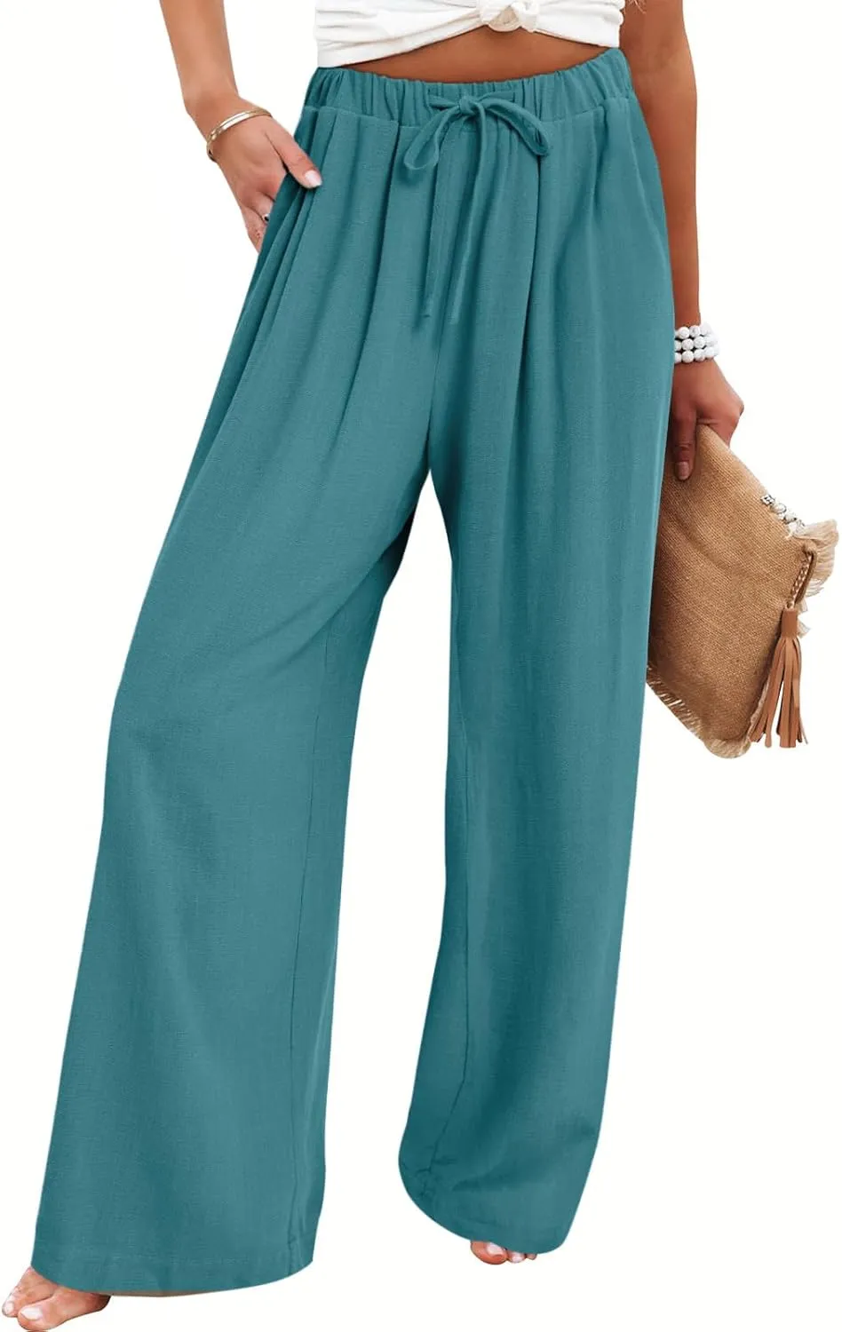 Bloggerlove Linen Palazzo Pants for Women Dressy Summer Wide Leg Flowy Pants Boho Linen Beach Trousers with Pockets