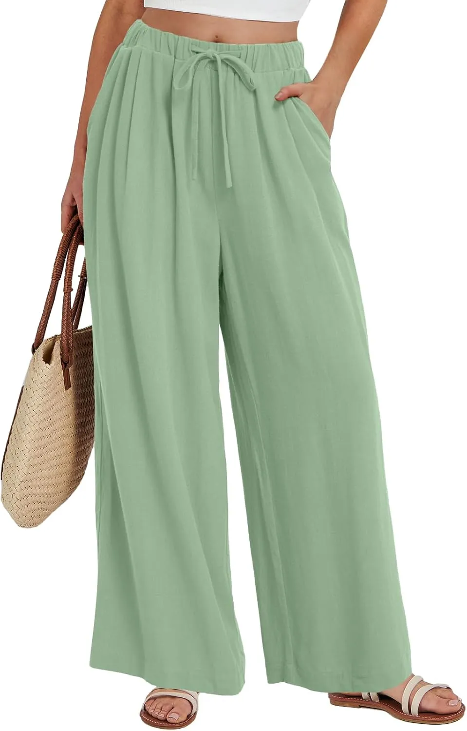 Bloggerlove Linen Palazzo Pants for Women Dressy Summer Wide Leg Flowy Pants Boho Linen Beach Trousers with Pockets