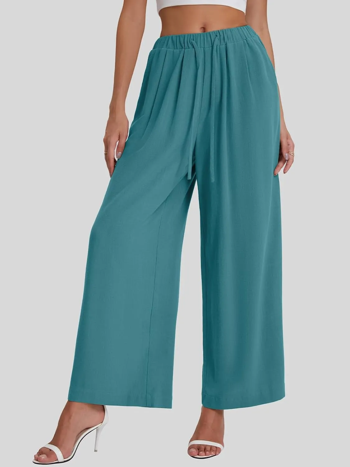 Bloggerlove Linen Palazzo Pants for Women Dressy Summer Wide Leg Flowy Pants Boho Linen Beach Trousers with Pockets