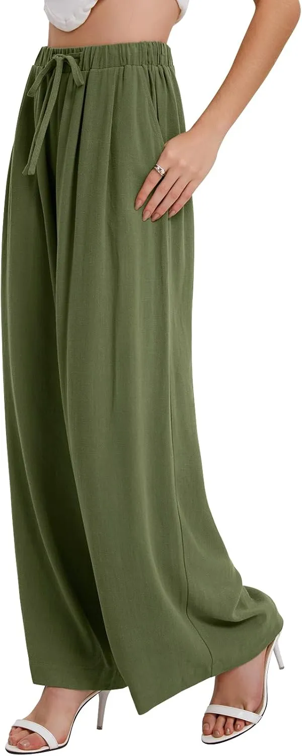 Bloggerlove Linen Palazzo Pants for Women Dressy Summer Wide Leg Flowy Pants Boho Linen Beach Trousers with Pockets