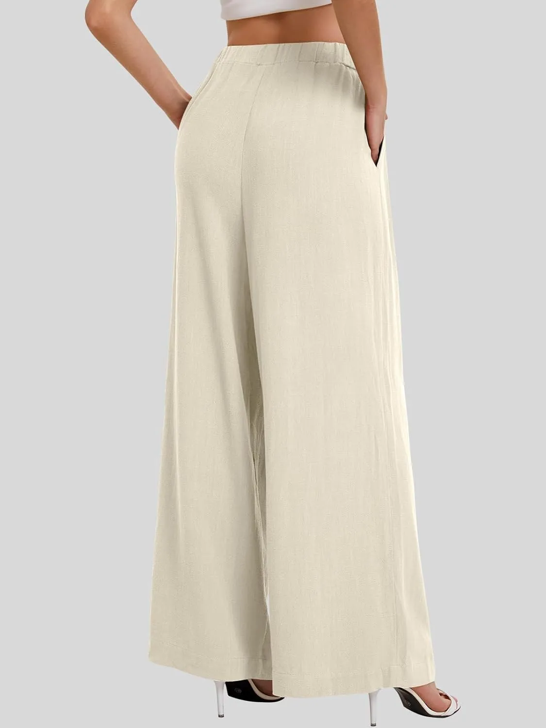 Bloggerlove Linen Palazzo Pants for Women Dressy Summer Wide Leg Flowy Pants Boho Linen Beach Trousers with Pockets