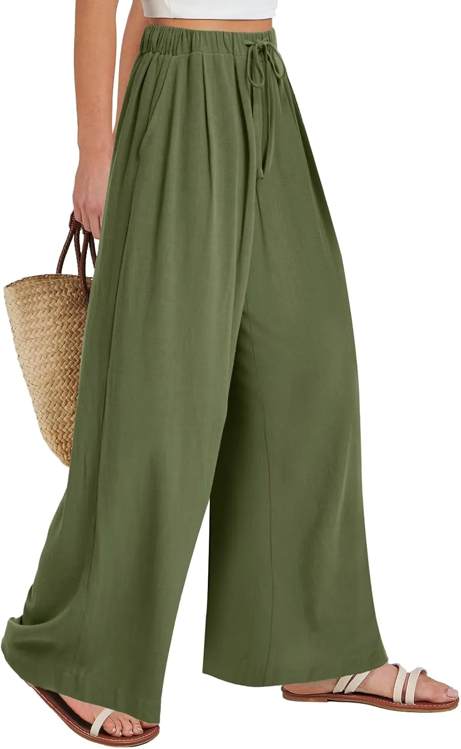 Bloggerlove Linen Palazzo Pants for Women Dressy Summer Wide Leg Flowy Pants Boho Linen Beach Trousers with Pockets