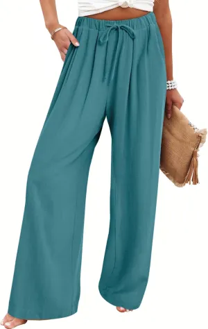 Bloggerlove Linen Palazzo Pants for Women Dressy Summer Wide Leg Flowy Pants Boho Linen Beach Trousers with Pockets