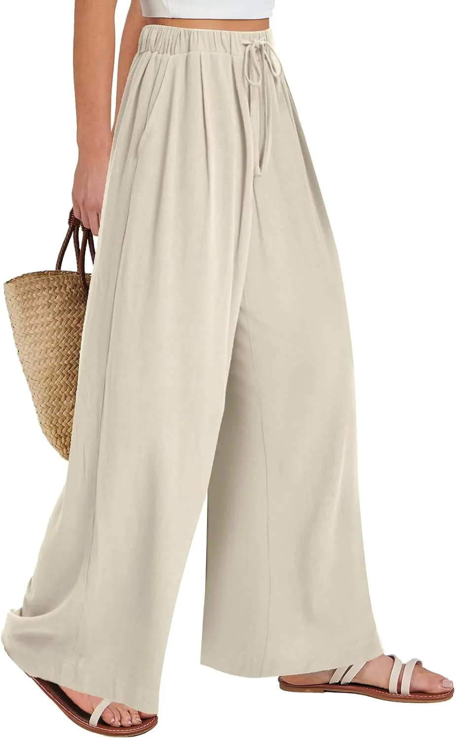 Bloggerlove Linen Palazzo Pants for Women Dressy Summer Wide Leg Flowy Pants Boho Linen Beach Trousers with Pockets