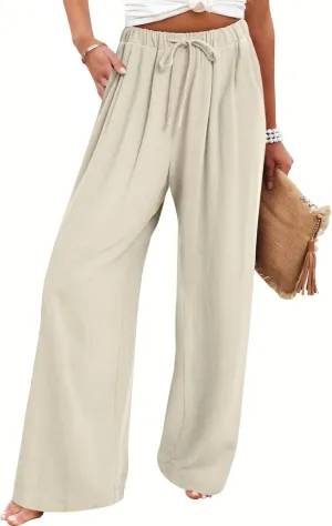 Bloggerlove Linen Palazzo Pants for Women Dressy Summer Wide Leg Flowy Pants Boho Linen Beach Trousers with Pockets