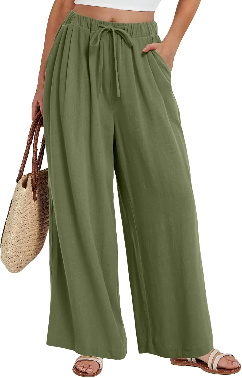 Bloggerlove Linen Palazzo Pants for Women Dressy Summer Wide Leg Flowy Pants Boho Linen Beach Trousers with Pockets