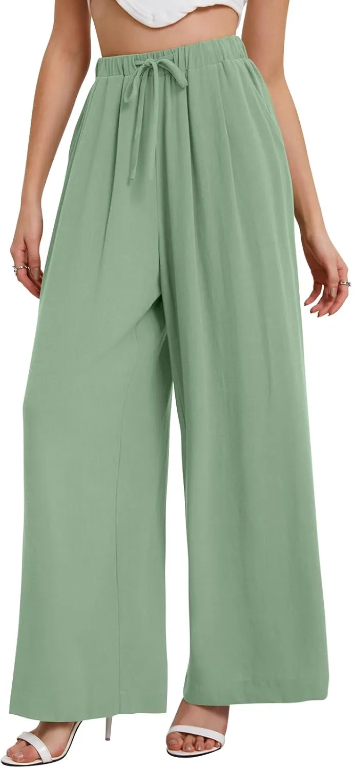 Bloggerlove Linen Palazzo Pants for Women Dressy Summer Wide Leg Flowy Pants Boho Linen Beach Trousers with Pockets