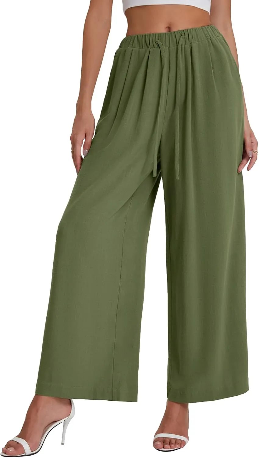 Bloggerlove Linen Palazzo Pants for Women Dressy Summer Wide Leg Flowy Pants Boho Linen Beach Trousers with Pockets