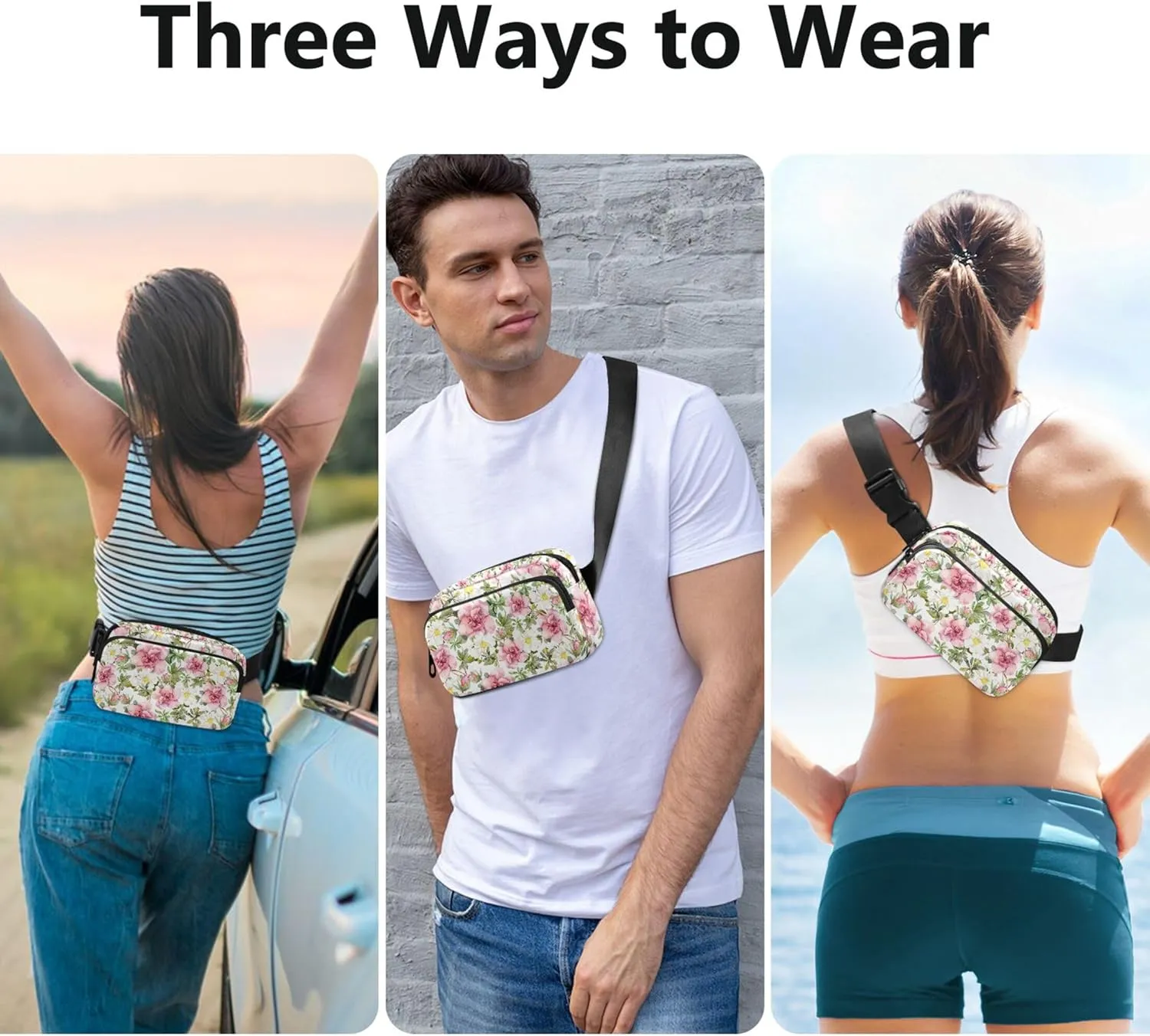Blooming Pink Flowers Women Fanny Pack Waterproof Large Hip Belt Bag Pattern Travel Waist Pack for Men