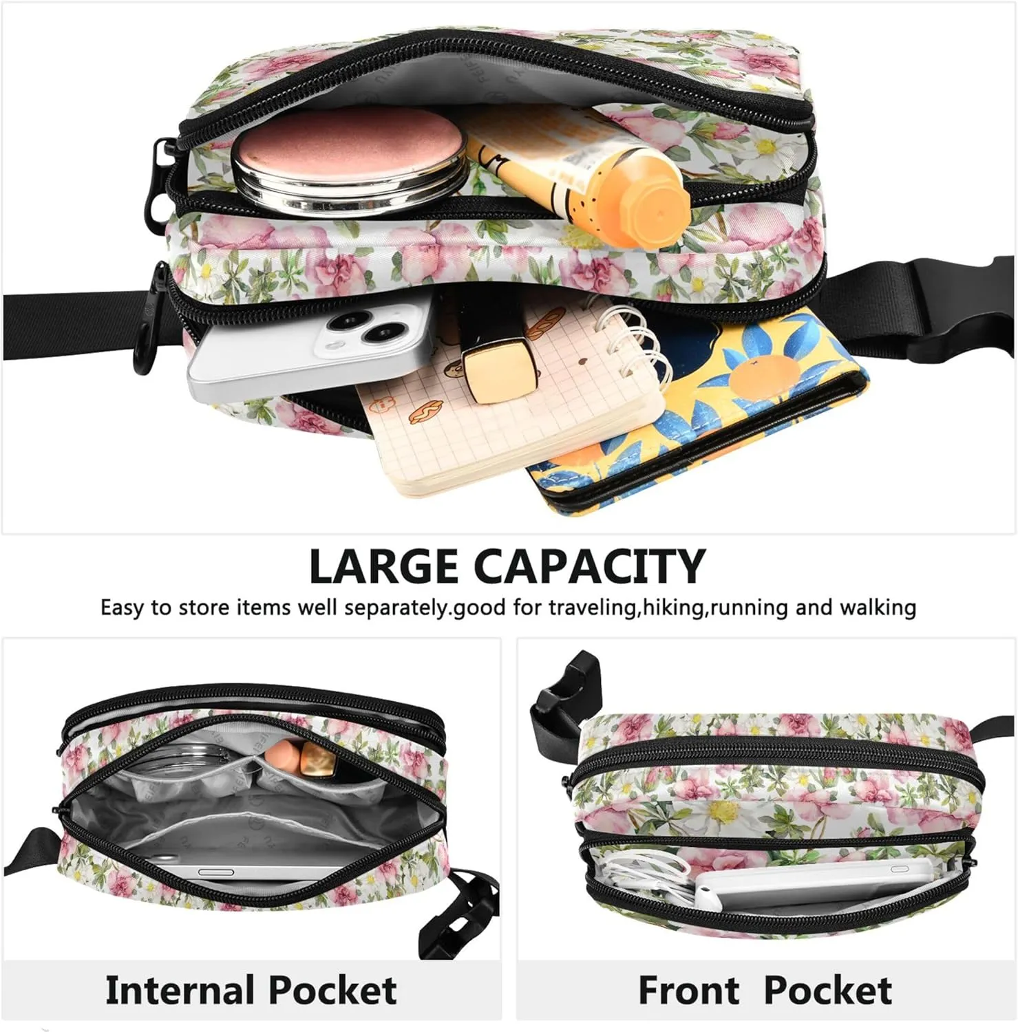 Blooming Pink Flowers Women Fanny Pack Waterproof Large Hip Belt Bag Pattern Travel Waist Pack for Men