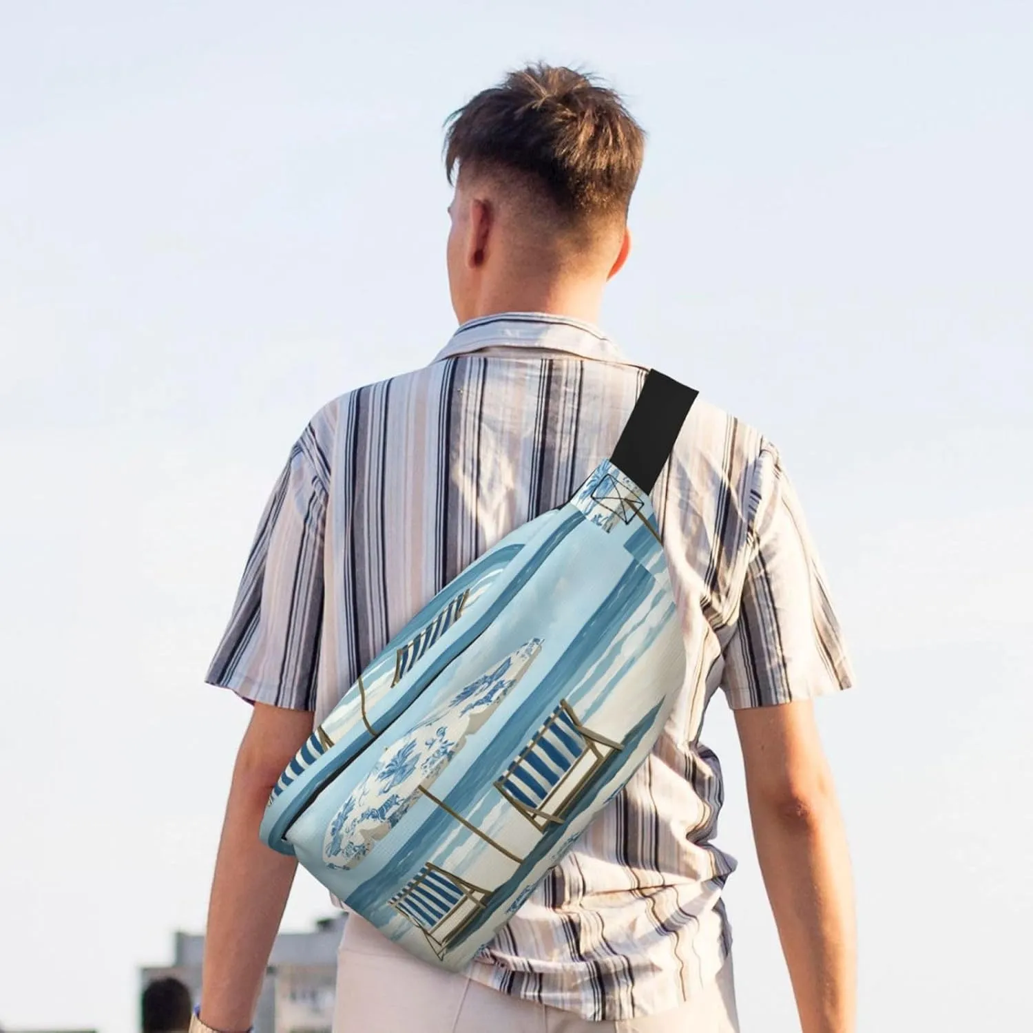 Blue And White Beach Chairs Under An Umbrella Fanny Pack For Women Man, Waist Belt Bag Crossbody For Sports Travel Hiking Running Jogging