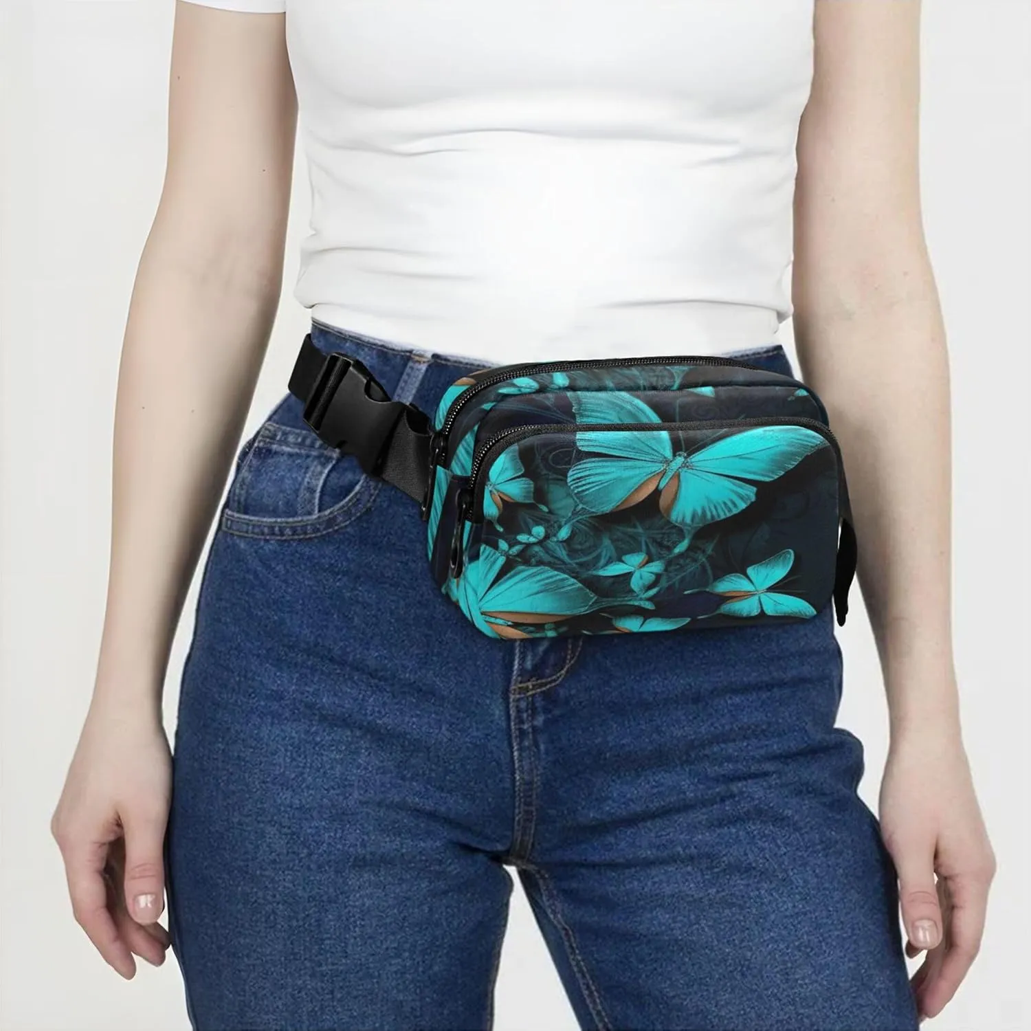 Blue Butterflies Fanny Pack for Women Funky Large Hip Belt Bag Waterproof Waist Pouch for Women