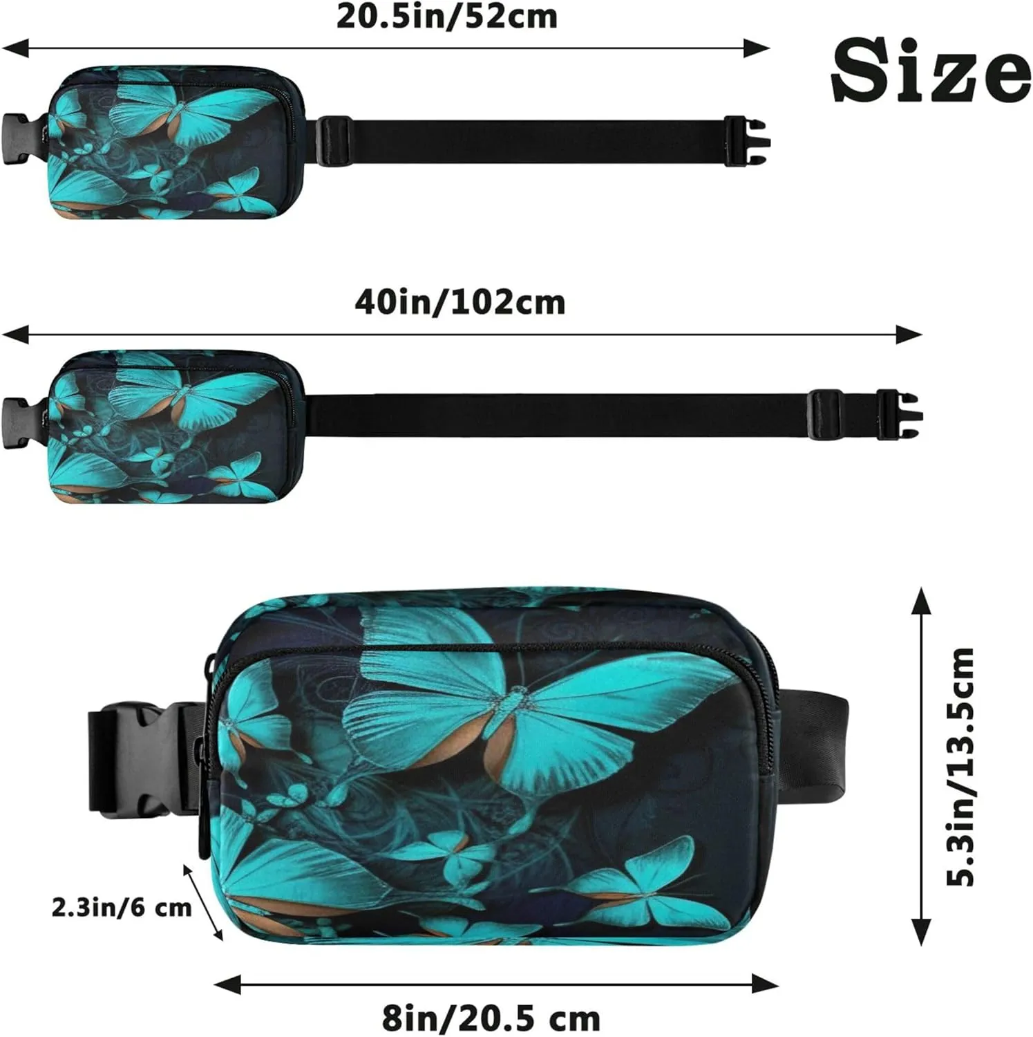 Blue Butterflies Fanny Pack for Women Funky Large Hip Belt Bag Waterproof Waist Pouch for Women