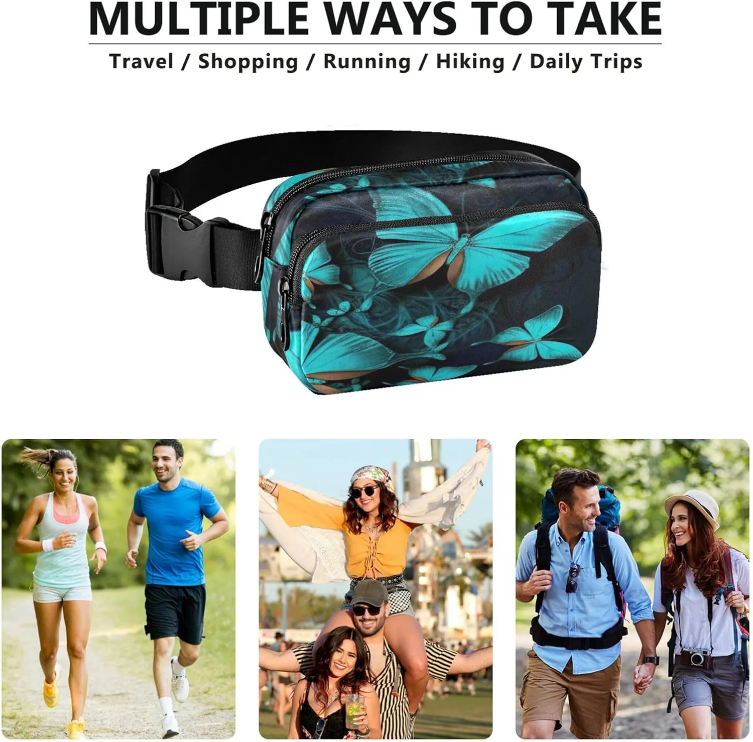 Blue Butterflies Fanny Pack for Women Funky Large Hip Belt Bag Waterproof Waist Pouch for Women
