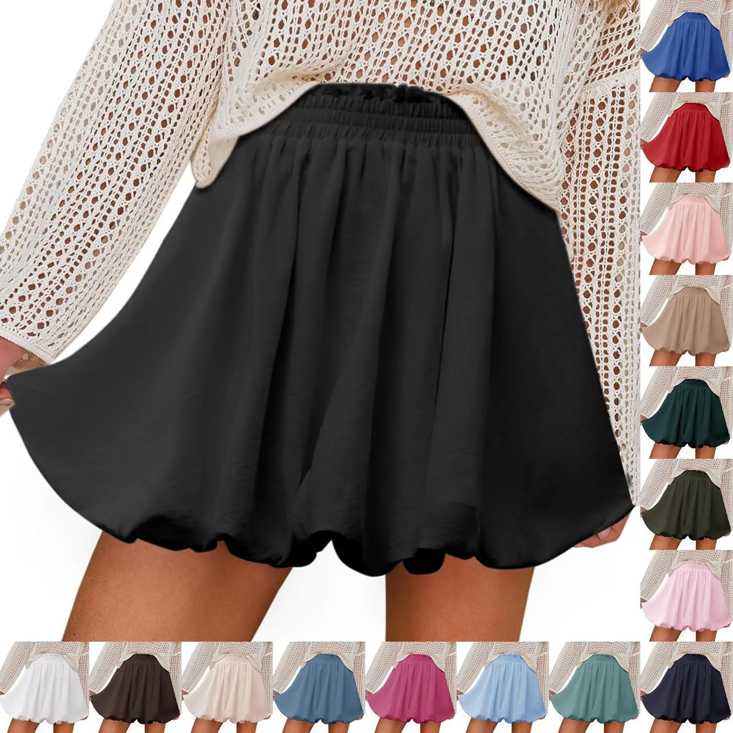 Boho Shorts for Women Ruffled High Waisted Skorts with Pockets Casual Puff Bubble Mini Skirts Going Out Cute Shorts
