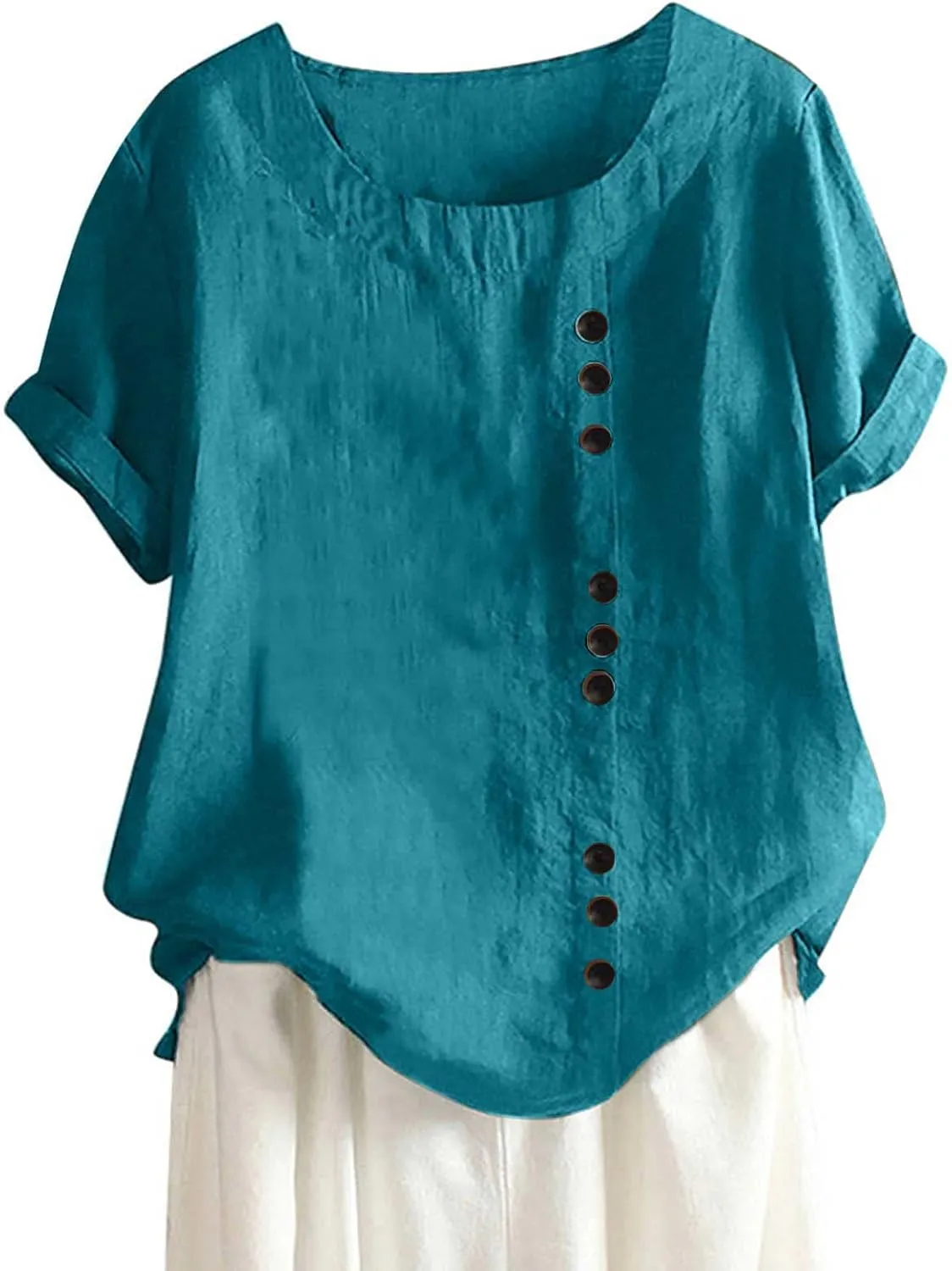 Boho Tops for Women Summer Cotton Linen Shirts Casual Round Neck Blouse Short Sleeve T-Shirt Vacation Outfits