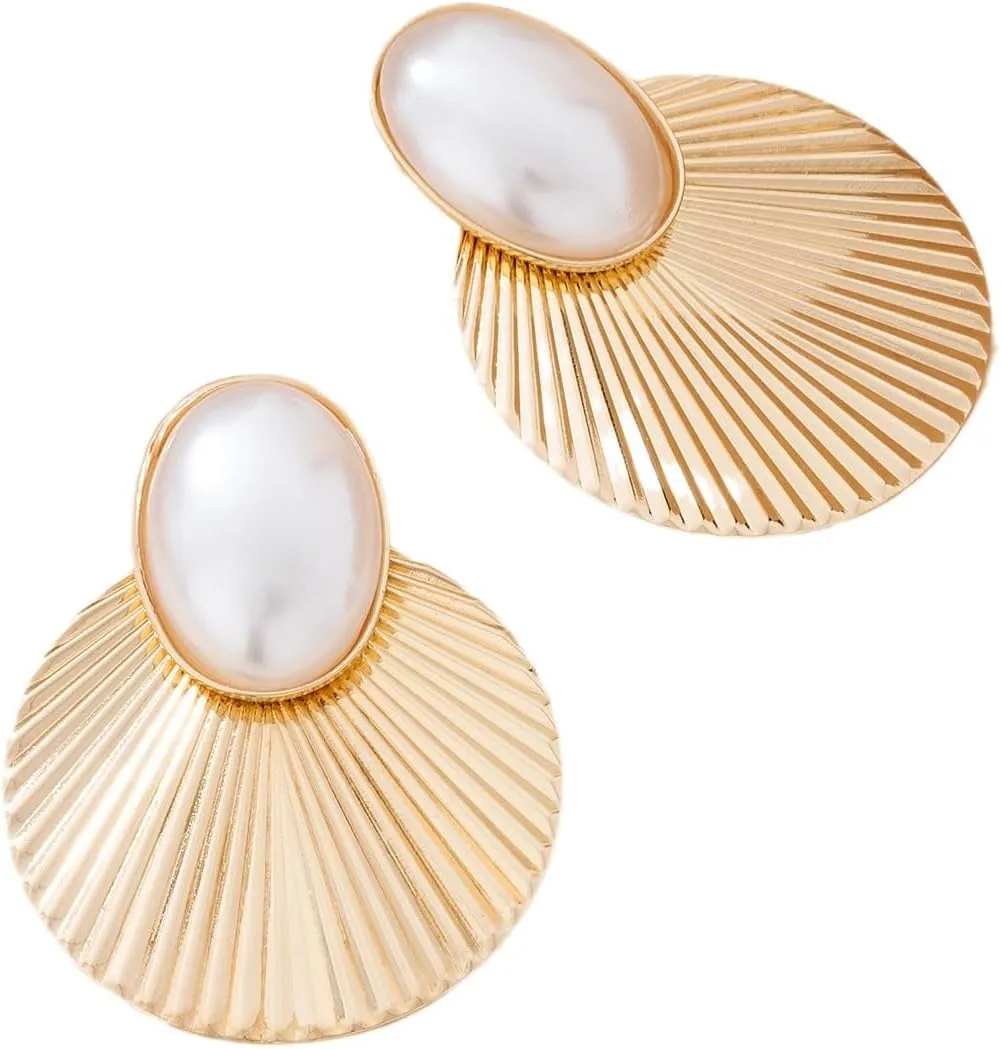 Bold Gold & Pearl Statement Earrings for Women 18K gold plated  Vintage-Inspired Fan-Shaped Dangle Earrings  Elegant Jewelry for Weddings, Parties & Special Occasions