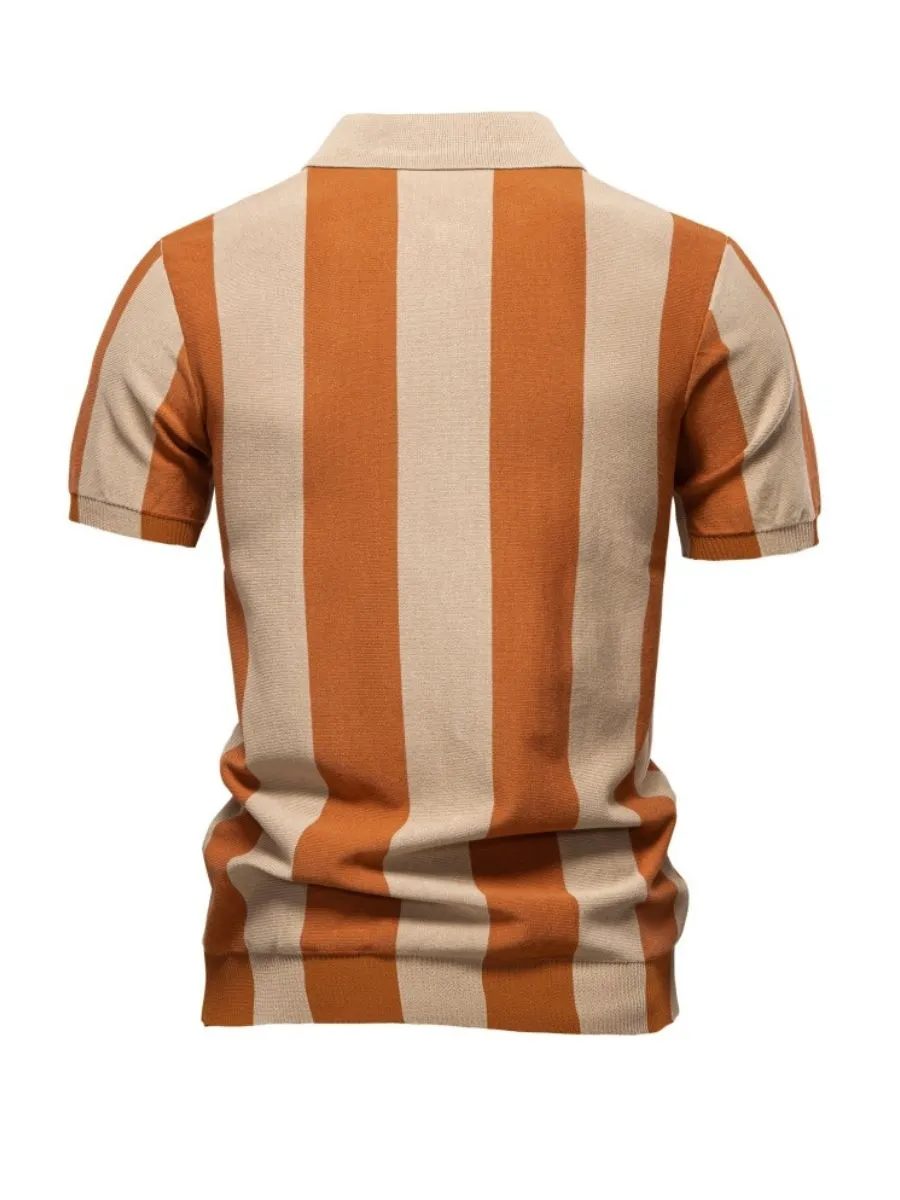 Bold Vertical Striped Knit Polo Shirt