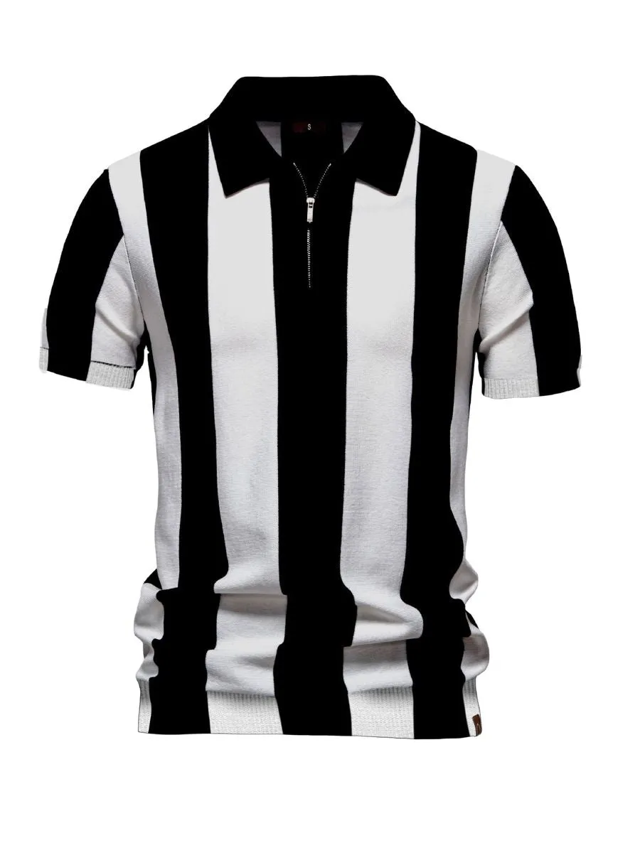 Bold Vertical Striped Knit Polo Shirt