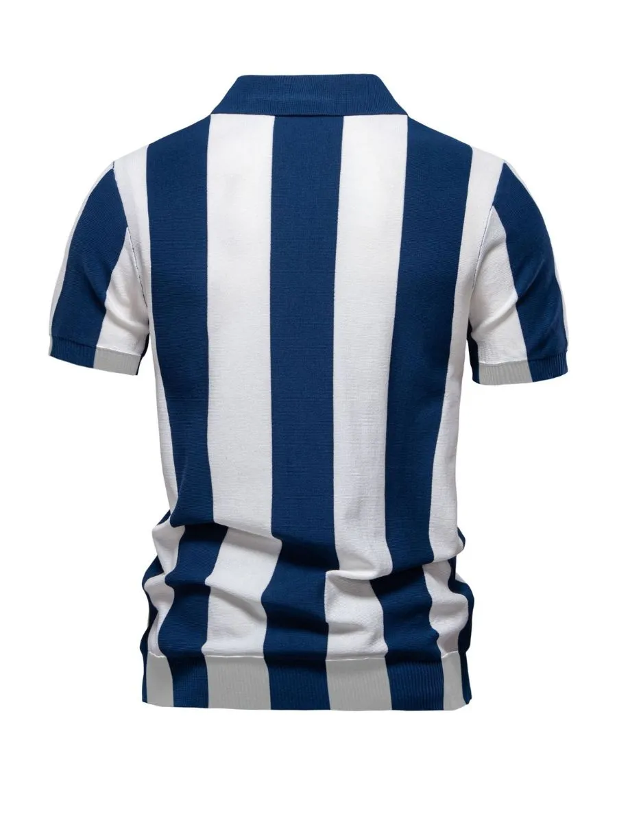 Bold Vertical Striped Knit Polo Shirt