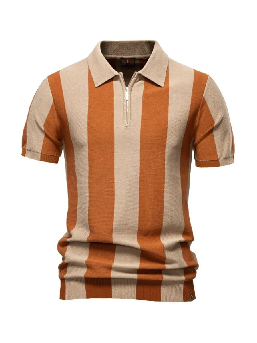 Bold Vertical Striped Knit Polo Shirt