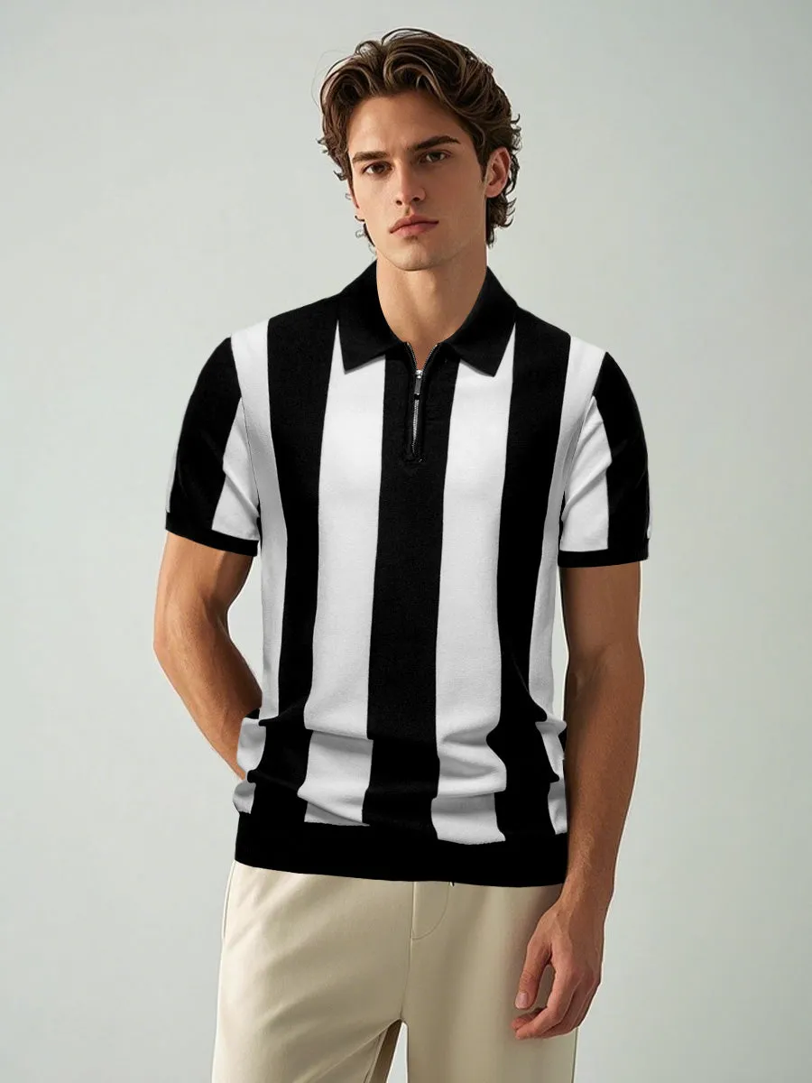 Bold Vertical Striped Knit Polo Shirt