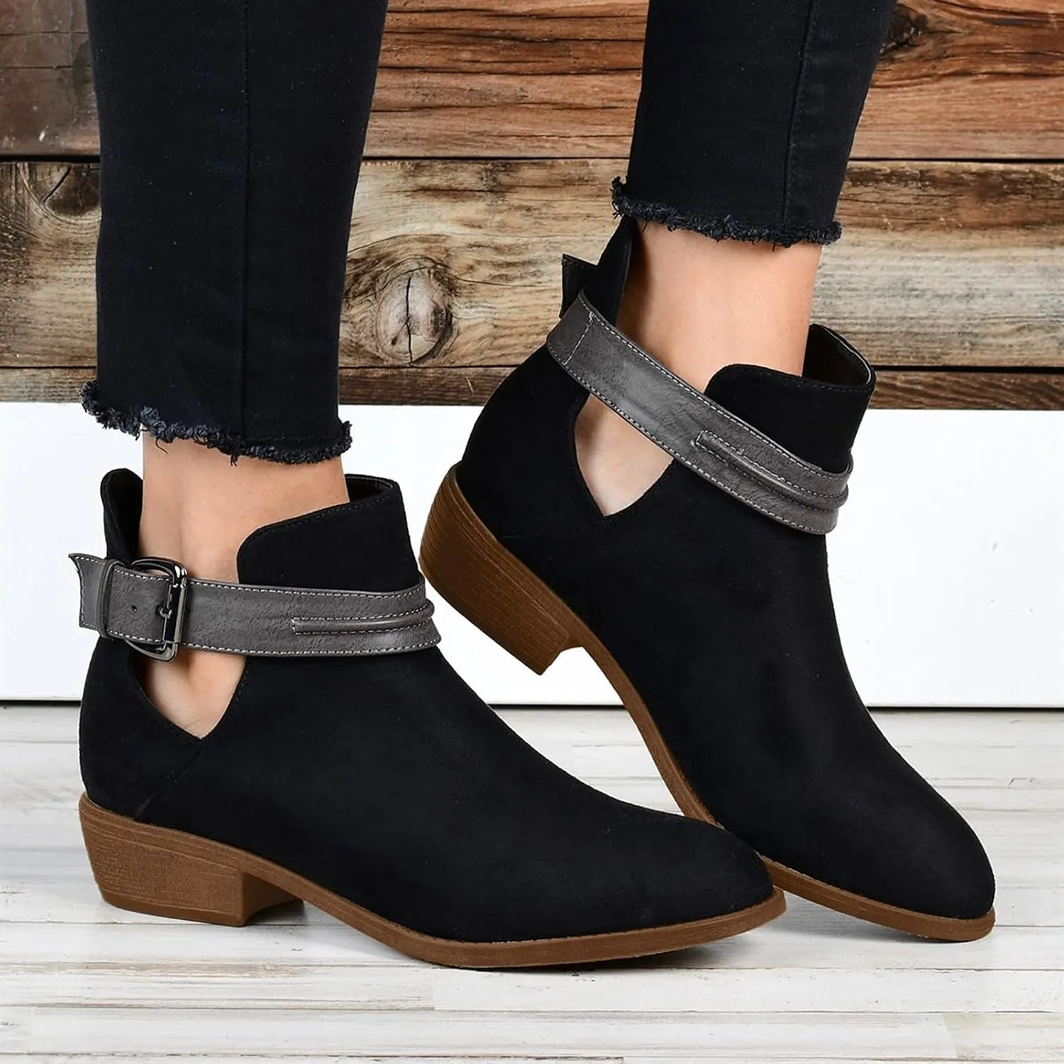 Boots for Women Low Heel Mid Calf Boots Block Chunky Heel Pointed Toe Military Zipper Motorcycle Cowboy Ankle Booties 52