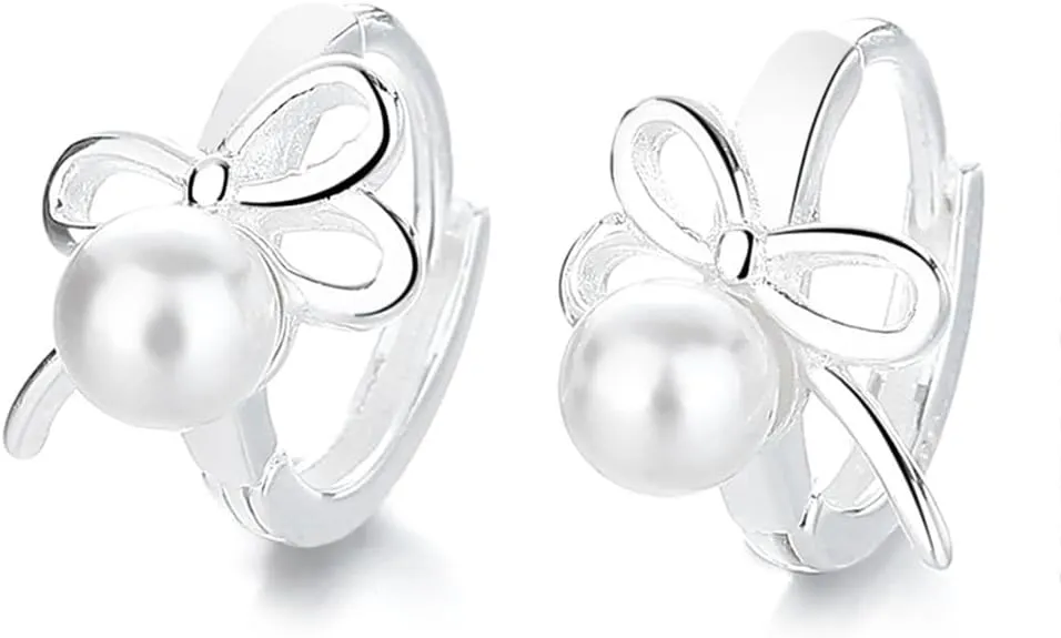 Bow Hoop Earrings for Women 925 Sterling Silver Small Bowknot Earrings Elegant Pearl Huggie Hoops Minimalist Ear Party Jewelry