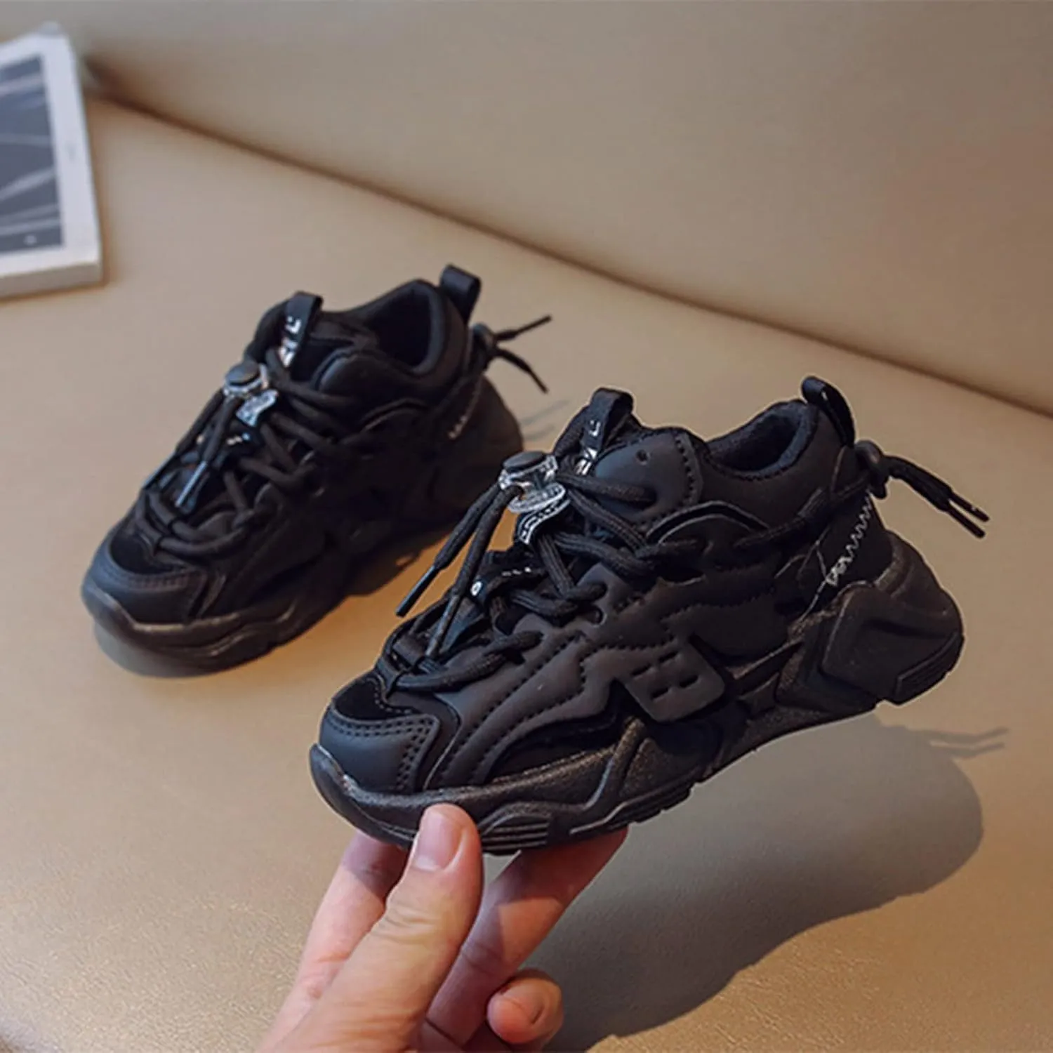 Boys Girls Solid Strap Tennis Shoes Thick Soles Non Slip Comfortable Breathable Running Athletic Sport Sneakers