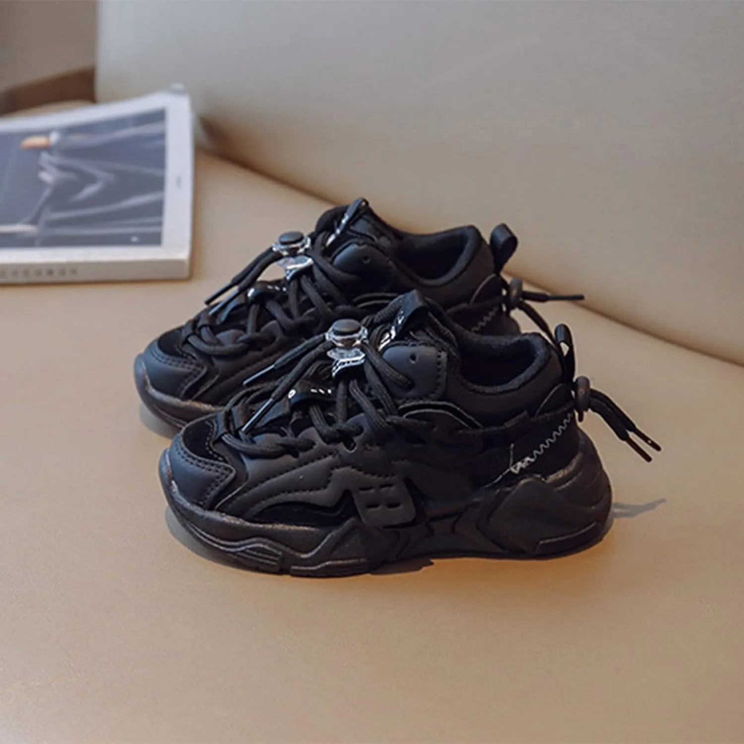 Boys Girls Solid Strap Tennis Shoes Thick Soles Non Slip Comfortable Breathable Running Athletic Sport Sneakers