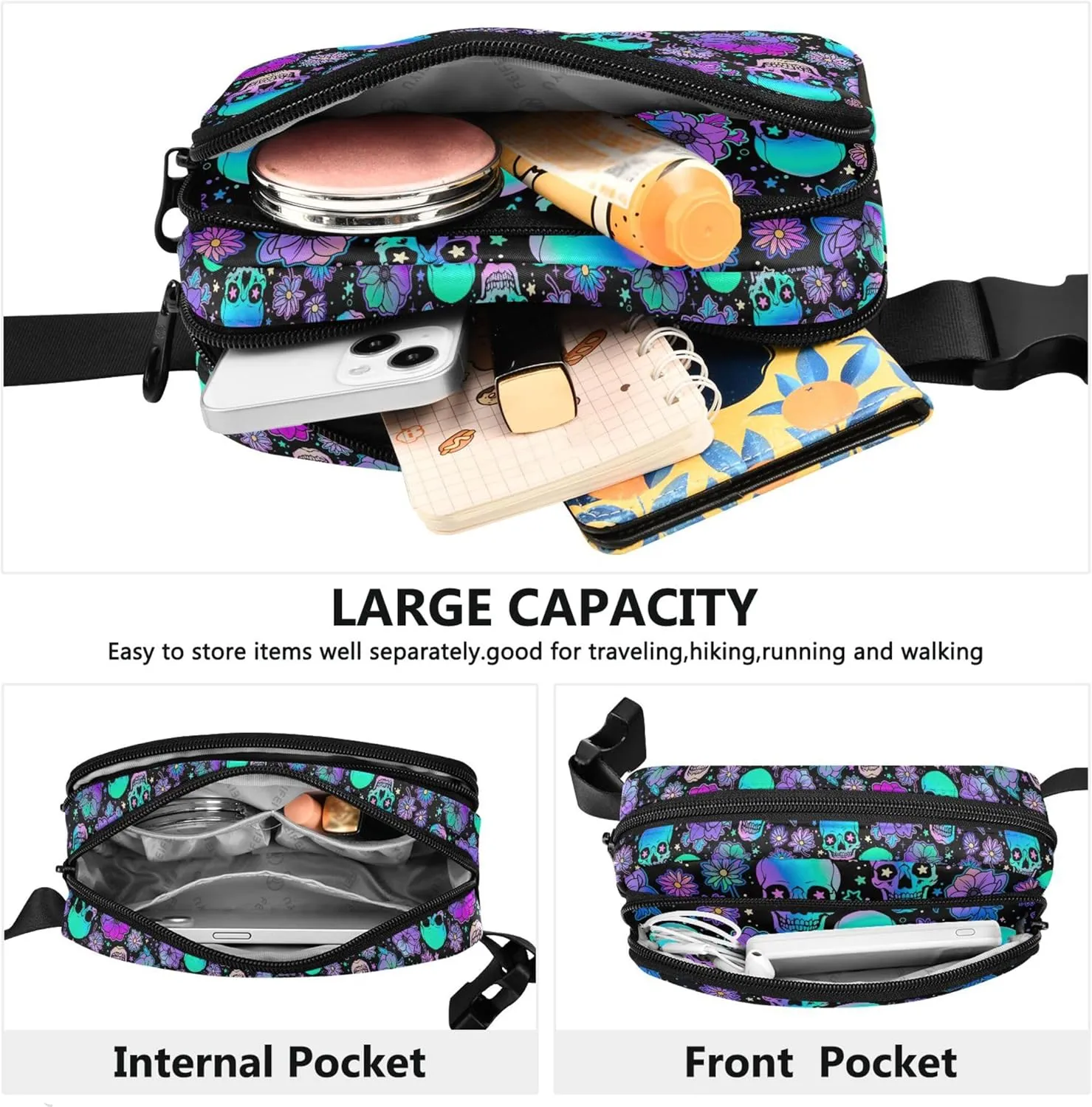 Bright Human Skulls Women Fanny Packs Waterproof Large Hip Belt Bag Cute Waist Bag for Women