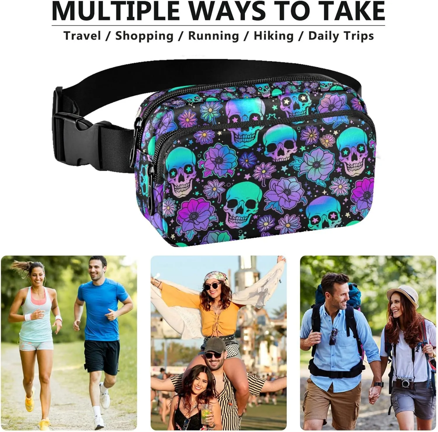 Bright Human Skulls Women Fanny Packs Waterproof Large Hip Belt Bag Cute Waist Bag for Women