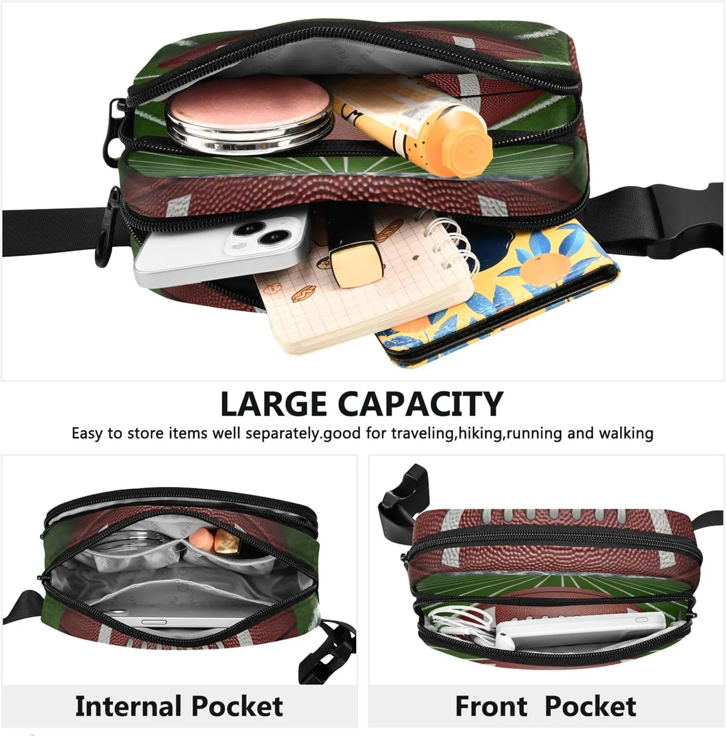 Brown Football Field Print Fanny Packs Women Bright Colored Everywhere Belt Bag Waterproof Crossbody Waist Purse