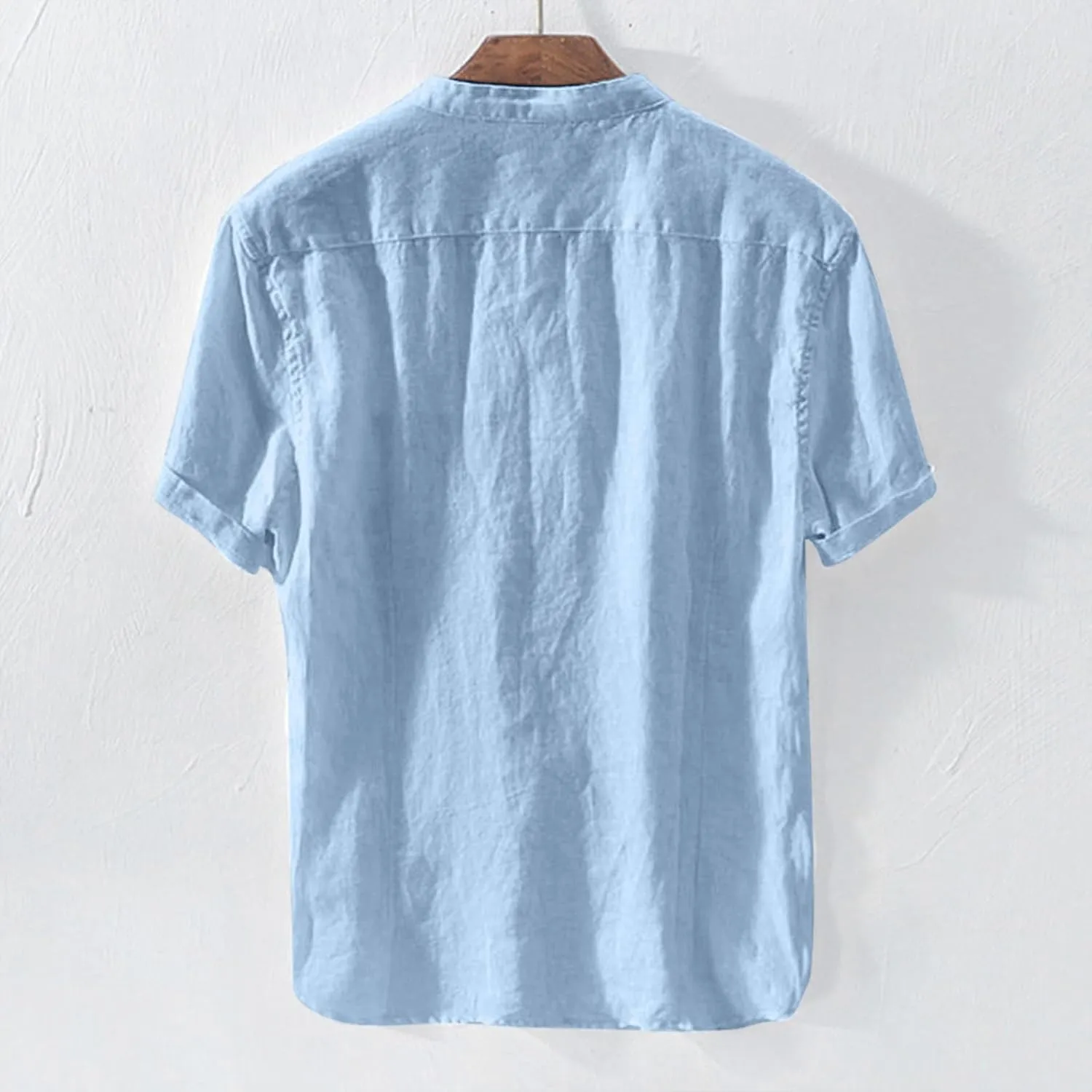 Button Down Shirts for Men Short Sleeve Linen T-Shirts Round Neck Casual Solid Blouse Loose Fit Summer Basic Tops