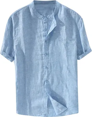 Button Down Shirts for Men Short Sleeve Linen T-Shirts Round Neck Casual Solid Blouse Loose Fit Summer Basic Tops