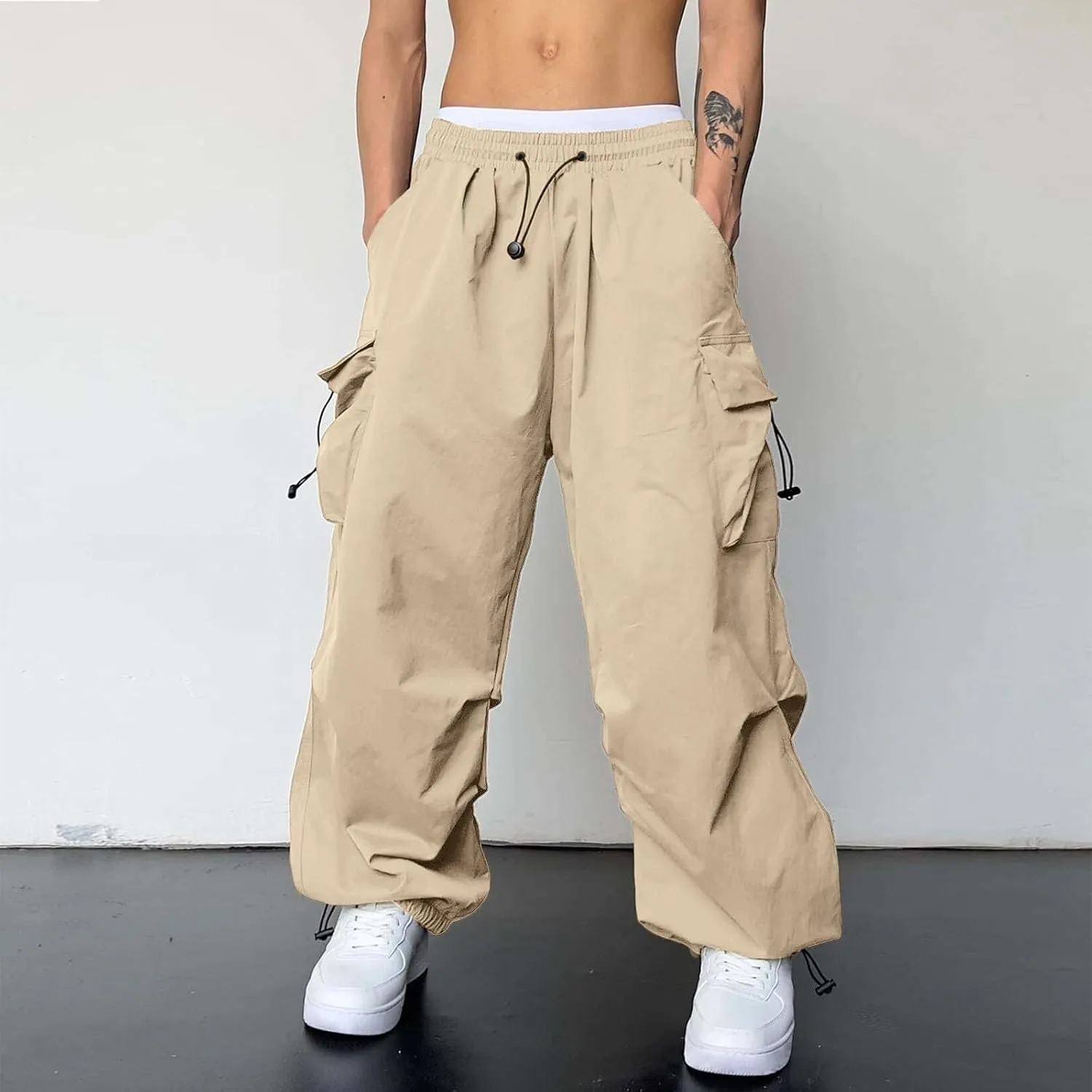Cargo Pants Men Lightweight Casual Joggers Drawstring Elastic Waist Combat Pant with Pockets