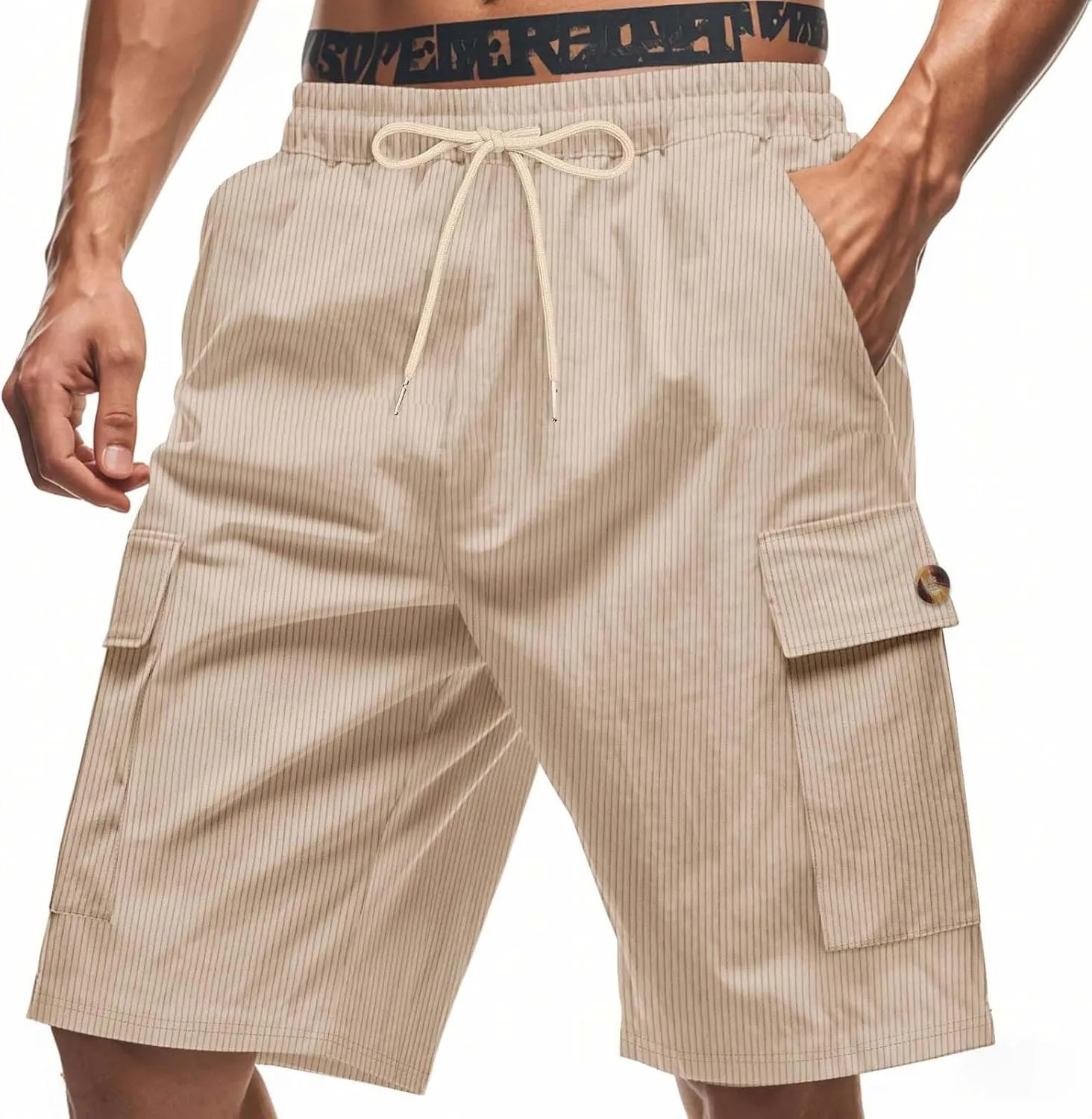 Cargo Shorts for Men Elastic Waist Drawstring 9 Inch Inseam Corduroy Shorts Beach Board Lounge Hippie Vacation Outfit