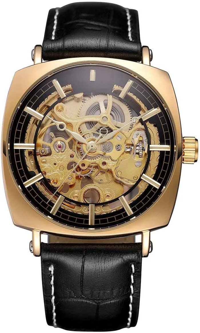Carlien Luxury Watches for Men Mechanical Skeleton Stainless Steel Golden Timepieces Watch (Gold Black)
