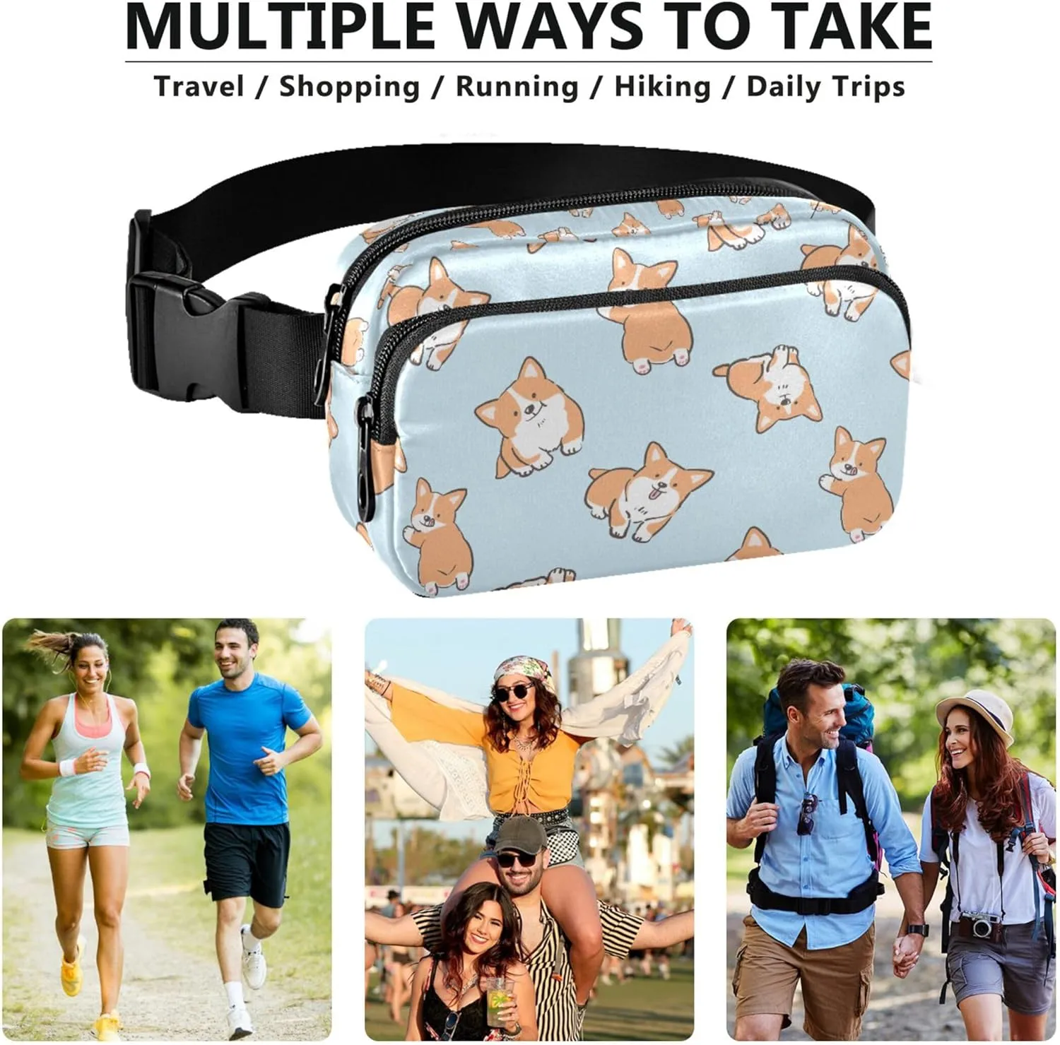 Cartoon Corgi Dog Design Womens Fanny Pack Waterproof Hip Pack Belt Bag Cute Crossbody Waist Pack