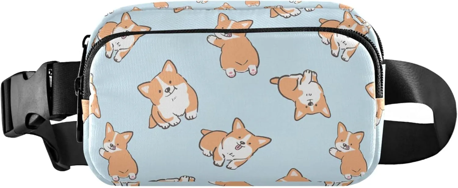 Cartoon Corgi Dog Design Womens Fanny Pack Waterproof Hip Pack Belt Bag Cute Crossbody Waist Pack