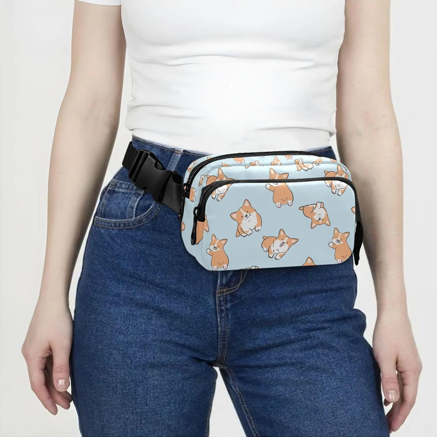 Cartoon Corgi Dog Design Womens Fanny Pack Waterproof Hip Pack Belt Bag Cute Crossbody Waist Pack